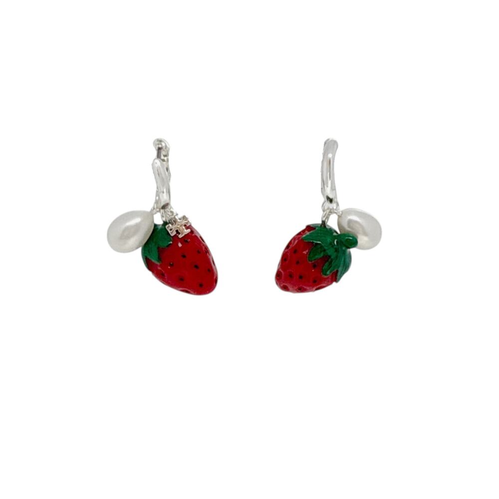 TORY BURCH Curiosity Strawberry Earrings in Light Silver / Red / Pearl
